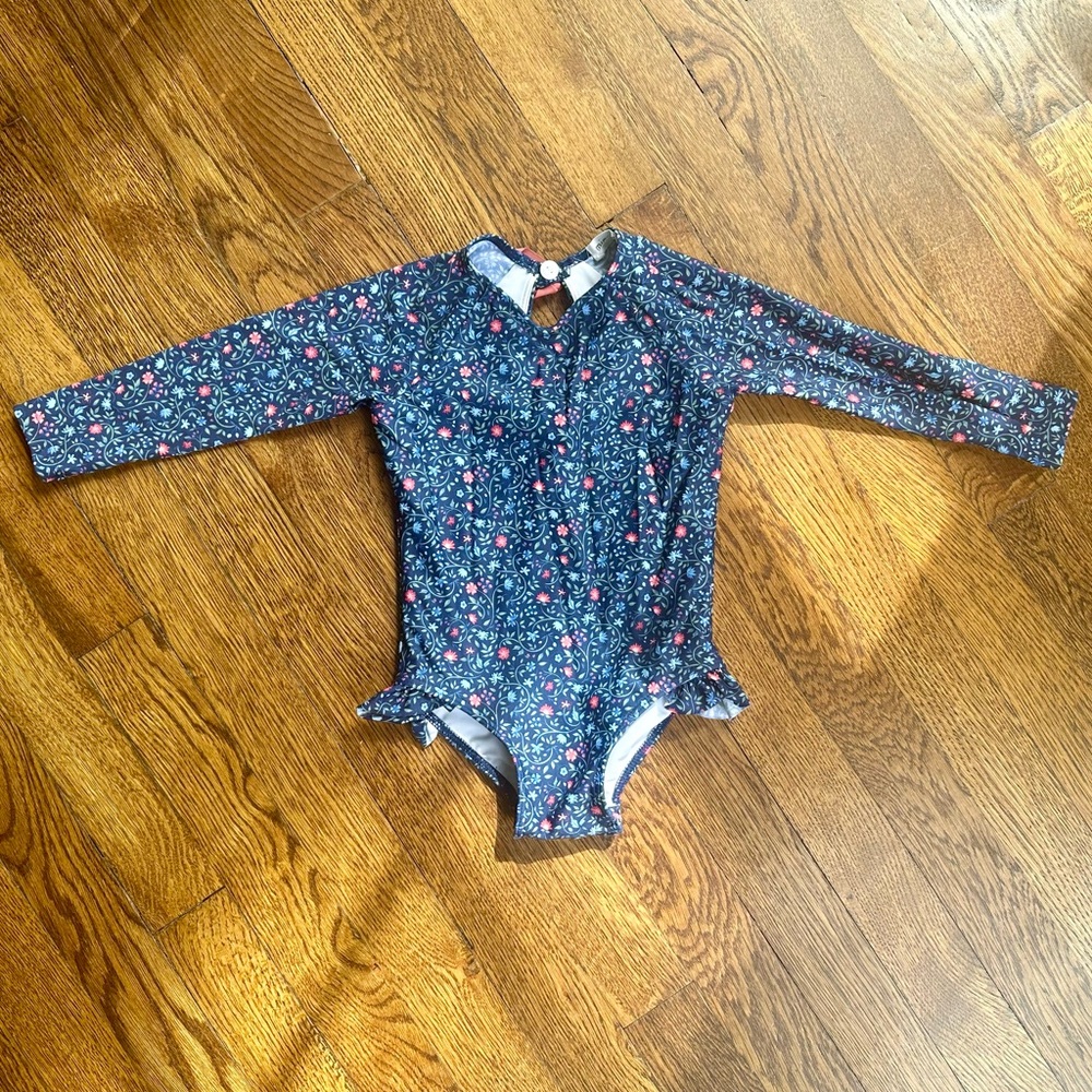 Girls' Navy Floral Long-Sleeve One-Piece Swimsuit